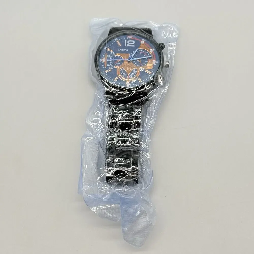 Geneva Men's Black Alloy Link Watch Blue Dial Oversized Faux Chronograph New